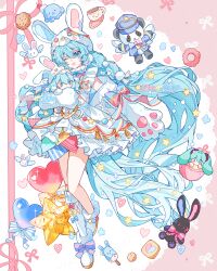  1girl absurdres animal_ear_headwear animal_ears animal_hands balloon blue_eyes blue_hair boots character_doll doll dress fake_animal_ears frilled_dress frills full_body gloves hatsune_miku heart_balloon highres hugging_doll hugging_object long_hair low_twintails one_eye_closed open_mouth paw_gloves shoes single_shoe snow_boots solo star_balloon sunfish3939 twintails vocaloid white_boots white_shoes 