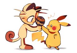  brown_fur edengelical highres holding holding_poke_ball looking_at_another luxury_ball meowth no_humans pikachu poke_ball pokemon pokemon_(creature) simple_background tail two-tone_fur white_background yellow_fur 