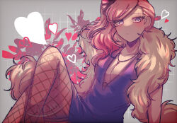  1girl blue_dress blue_eyes crossed_legs danganronpa_another dress expressionless feather_boa fishnet_pantyhose fishnets grid_background heart highres jewelry kabuya_yoruko leaning_back long_hair necklace pantyhose parted_bangs pink_hair ponytail ring ring_necklace side_ponytail sitting solo srm_d_r129 super_danganronpa_another_2 watermark 