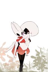  17hornet77987 2girls arm_around_neck arthropod_girl black_eyes black_skin blank_eyes bodysuit carrying cloak colored_skin feet_out_of_frame hat highres hollow_eyes hollow_knight hollow_knight:_silksong horned_mask hornet_(hollow_knight) lace_(hollow_knight) leaf looking_at_another mask multiple_girls plant princess_carry puffy_sleeves red_cloak walking white_background white_bodysuit white_eyes white_hat white_mask 