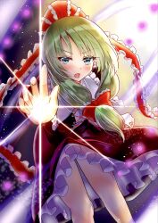  1girl attacking_viewer blush bow commentary_request dress frilled_bow frilled_dress frilled_ribbon frills green_eyes green_hair hair_bow highres kagiyama_hina long_hair looking_at_viewer open_mouth red_bow red_dress red_ribbon ribbon solo touhou wrist_ribbon yuki_(snowmaiden) 
