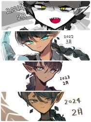  1boy 2021 2022 2023 2024 aqua_eyes artist_progress braid braided_ponytail closed_mouth dark-skinned_male dark_skin dot_nose earrings floating_earrings glowing glowing_eyes hair_between_eyes head_tilt highres ice_god_(jimini_shijimi) jewelry jimini_shijimi long_hair looking_at_viewer multiple_views open_mouth original pointy_ears portrait redrawn sharp_teeth smile tail teeth yellow_eyes 