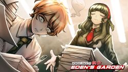  1boy 1girl absurdres ahoge black_hair black_shirt blonde_hair closed_eyes collared_shirt damon_maitsu depressed drill_hair drill_sidelocks eva_tsunaka exhausted feathers frilled_necktie gradient_hair green_eyes green_necktie hairband highres holding holding_pen komatsuzaki_rui_(style) logo long_hair long_sleeves multicolored_hair necktie official_art paper paper_stack pen project:_eden's_garden red_hairband red_necktie shirt short_hair sidelocks smile snake_print very_long_hair white_hair white_shirt 