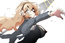  1girl anger_vein attacking_viewer commentary_request dynamic_pose hairband highres holding holding_polearm holding_weapon imminent_attack ishmael_(project_moon) jacket korean_commentary lcb_uniform_(project_moon) limbus_company long_hair mang_(project_moon) orange_eyes orange_hair partially_shaded_face polearm project_moon solo wal-wal_keongkeong_euleuleong weapon 
