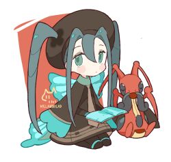  1girl antenna_hair artist_name blush_stickers book brown_dress brown_necktie bug_miku_(project_voltage) butterfly_wings chibi commentary dress english_commentary full_body green_eyes green_hair hair_between_eyes hatsune_miku holding holding_book insect_wings kricketune long_hair long_sleeves looking_at_viewer melanbread necktie pokemon pokemon_(creature) project_voltage red_background solo twintails vocaloid white_background wings 