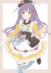  1girl absurdres animal_ear_headwear animal_ears bag black_bag black_hat black_shoes blue_bow blue_thighhighs bow braid commentary_request dress fake_animal_ears floppy_ears flower foot_out_of_frame frilled_dress frills fushigi_to_kimi_to_library green_eyes hat hat_flower highres juliet_sleeves leg_up long_hair long_sleeves lop_rabbit_ears love_live! love_live!_hasu_no_sora_jogakuin_school_idol_club otomune_kozue pink_flower pink_rose pinstripe_thighhighs puffy_sleeves rabbit_ears rose shoes short_dress side_braids solo thigh-highs two_side_up umi_(nana_spring) virtual_youtuber yellow_dress 