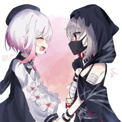  2girls ^_^ absurdres bandaged_arm bandages bare_shoulders belt_collar beret black_choker black_coat black_dress black_gloves black_hat black_hood black_mask black_tank_top chest_sarashi choker closed_eyes coat collar collared_coat colored_inner_hair commentary_request crossed_bangs cuffs dress flower-trimmed_sleeves gauze_on_arm gloves gradient_hair grey_hair hair_between_eyes hair_ornament hat highres holding_hands hykhr_numn long_sleeves looking_at_another mahou_shoujo_no_majo_saiban mask mouth_mask multicolored_hair multiple_girls neck_ribbon open_mouth pink_hair red_eyes red_hair ribbon sakuraba_ema sarashi shackles shirt shito_alisa short_hair simple_background sleeveless sleeveless_coat smile tank_top upper_body white_hair white_ribbon white_shirt white_sleeves x_hair_ornament yuri 
