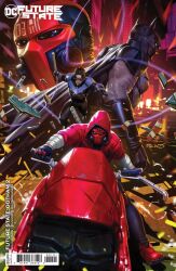  4boys batman black_bodysuit black_cape black_mask bodysuit boots cape comic_cover commentary cover cover_page cowl dc_comics derrick_chew english_commentary eye_mask helmet highres holding industrial_pipe jacket male_focus mask motor_vehicle motorcycle multiple_boys nightwing official_art on_motorcycle red_boots red_helmet red_hood_(dc) red_jacket red_mask riding riding_motorcycle superhero_costume 