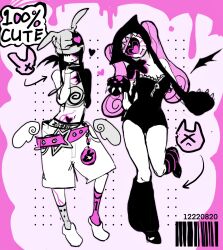  2girls absurdres alien_stage angel_wings asymmetrical_legwear baseball_cap beanie belt black_hair black_hat black_leg_warmers black_leotard black_wings camisole demon_wings earflap_beanie english_text grey_hat han7_jing hat highres leg_up leg_warmers leotard mismatched_leg_warmers mismatched_legwear mismatched_socks mizi_(alien_stage) mizi_(zombie_stage) multiple_girls non-web_source official_alternate_costume paw_print pink-socks pink_belt pink_hair shoes single_wing socks spiral_print star_(symbol) star_belt_buckle strap_slip strapless strapless_leotard sua_(alien_stage) sua_(zombie_stage) twintails white_camisole white_shoes white_short white_wings wings zipper zipper_leotard zipper_pull_tab zombie_stage 