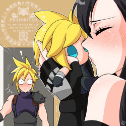  ! 1boy 1girl ^^^ armor bare_shoulders black_gloves black_hair blonde_hair blue_eyes blush character_doll closed_eyes cloud_strife commentary_request doll elbow_gloves final_fantasy final_fantasy_vii final_fantasy_vii_remake fingerless_gloves gloves hetero highres holding holding_doll imminent_kiss long_hair looking_at_another motion_lines opening_door profile puckered_lips shikiwo short_hair shoulder_armor sleeveless sleeveless_turtleneck spiky_hair surprised sweatdrop sweater tifa_lockhart trembling turtleneck turtleneck_sweater upper_body walk-in 