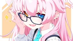  1girl adjusting_eyewear ahoge bespectacled blue-framed_eyewear blue_archive blue_eyes blue_necktie border collared_shirt commentary_request fang from_side glasses hair_between_eyes halo haruyonoto heterochromia hoshino_(blue_archive) irregular_border long_hair looking_at_viewer looking_to_the_side necktie open_mouth orange_eyes pink_hair pink_halo portrait shirt simple_background skin_fang smile solo white_border white_shirt yellow_background 