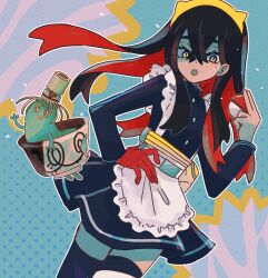  1girl :o alternate_costume apron black_hair carmine_(pokemon) colored_inner_hair commentary_request crossed_bangs eyelashes gloves hair_between_eyes hairband hand_on_own_hip highres holding holding_poke_ball jacket long_hair long_sleeves looking_at_viewer maid_apron mkrn_grtn mole mole_under_eye multicolored_hair open_mouth outline partially_fingerless_gloves poke_ball poke_ball_(basic) pokemon pokemon_(creature) pokemon_scarlet_and_violet red_gloves red_hair single_glove sinistcha skirt solo thigh-highs two-tone_hair white_outline yellow_eyes yellow_hairband zettai_ryouiki 