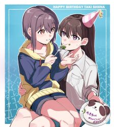  2girls bang_dream! bang_dream!_it's_mygo!!!!! black_hair brown_eyes choker collarbone feet_out_of_frame ggxc grey_hair happy_birthday hat highres jacket long_hair looking_at_another mole mole_under_eye multiple_girls party_hat shiina_taki short_hair shorts sitting table takamatsu_tomori violet_eyes 