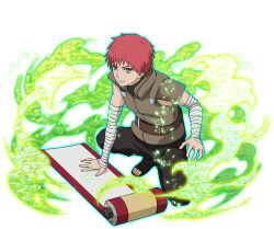  1boy bandaged_arm bandages belt black_boots boots brown_belt brown_eyes brown_jacket brown_pants jacket looking_at_viewer naruto_(series) naruto_shippuuden:_ultimate_ninja_blazing official_art open-toe_boots pants red_hair sasori_(naruto) scroll short_hair sleeveless sleeveless_jacket solo squatting 