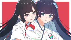  2girls :o absurdres animification black_hair blue_eyes blue_hair blunt_bangs border closed_mouth collared_shirt commentary fujino_kokoro fujiwaland highres hime_cut ikizulive!_love_live!_bluebird japanese_clothes kimono komagata_hanabi looking_at_viewer love_high_school_uniform love_live! multiple_girls open_mouth outside_border pink_eyes real_life red_background school_uniform shirt simple_background smile untranslatable_commentary upper_body voice_actor voice_actor_connection what_is_my_life?_(love_live!) white_border white_kimono white_shirt 