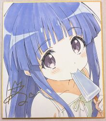  1girl bare_shoulders blue_hair blunt_bangs blush camisole closed_mouth collarbone commentary_request furude_rika green_camisole highres higurashi_no_naku_koro_ni long_hair marker_(medium) niyane shikishi sidelocks signature simple_background solo traditional_media violet_eyes white_background 