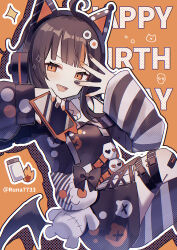  1girl absurdres ahoge animal_ear_headphones animal_ears arm_belt artist_name asymmetrical_legwear asymmetrical_sleeves bandaid bandaid_on_leg bare_shoulders bat_wings belt belt_collar black_choker black_hair black_nails black_sweater cat_ear_headphones cat_ears cellphone choker collar commentary_request cross-laced_clothes cross-laced_dress crossed_legs dress eyeball_hair_ornament fake_animal_ears hand_over_eye happy_birthday headphones highres holding holding_phone layered_dress leg_belt long_sleeves looking_at_viewer mahou_shoujo_no_majo_saiban multicolored_hair nail_polish off-shoulder_sweater off_shoulder open_mouth orange_background orange_eyes orange_nails orange_streaks outline phone roasted_bottle_(mahou_shoujo_no_majo_saiban) runa_(runa7733) sawatari_coco sharp_teeth shirt short_hair signature single_thighhigh skirt skull smartphone smile solo sparkle streaked_hair striped_clothes striped_sleeves striped_thighhighs stuffed_animal stuffed_cat stuffed_toy sweater teeth thigh-highs twitter_username white_outline white_shirt white_skirt wings 