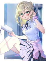  1girl absurdres black_bow black_bowtie blonde_hair blush book bookshelf border bow bowtie cardigan cardigan_around_waist clothes_around_waist collared_shirt commentary_request ear_piercing glasses green_eyes hair_intakes hand_in_own_hair highres holding holding_book indoors knees_up kurumi_noah looking_at_viewer nail_polish outside_border parted_lips piercing pink_cardigan piyoyanagi plaid_clothes plaid_skirt purple_nails purple_scrunchie school_uniform scrunchie shirt short_sleeves signature sitting skirt solo twitter_username virtual_youtuber vspo! white_border white_shirt wrist_scrunchie 