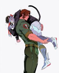  2boys animal_ears arm_hair belt black_hair black_hoodie blackwatch_cassidy blackwatch_genji brown_belt brown_hair carrying carrying_over_shoulder carrying_person cassidy_(overwatch) cat_boy cat_ears cat_tail cellphone closed_mouth cyborg drowning_duckyy feet_out_of_frame genji_(overwatch) green_pants green_shirt highres holding holding_phone hood hood_down hoodie kemonomimi_mode long_sleeves male_focus multiple_boys overwatch pants phone profile red_eyes shedding shedding_fur shirt shirt_tucked_in short_hair short_sleeves sideburns simple_background standing tail taking_picture very_short_hair white_background 