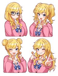  1girl :d ;d blonde_hair blue_bow blue_bowtie blue_eyes blush bow bowtie breasts candy cardigan collared_shirt double_bun double_v food glasses grin hair_bun highres holding holding_candy holding_food holding_lollipop idolmaster idolmaster_cinderella_girls jewelry lollipop long_hair looking_at_viewer loose_bowtie multiple_views necklace niban_(puka_0507) ohtsuki_yui one_eye_closed open_mouth pink_cardigan rectangular_eyewear shirt simple_background smile swept_bangs teeth twintails upper_teeth_only v white_background white_shirt 