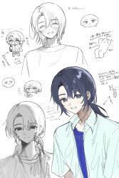  1boy 1girl ^_^ amagi_umi black_hair blue_eyes blue_shirt blush bob_cut camera chibi chibi_inset closed_eyes collarbone commentary_request curtained_hair dot_nose dress_shirt facing_viewer greyscale grin hair_down head_tilt highres holding holding_camera jitome layered_shirt looking_at_viewer low_ponytail male_focus mechiru medium_hair monochrome multiple_views open_clothes open_collar open_mouth open_shirt parted_bangs ponytail shiosawa_asa shirt short_hair short_sleeves side_part side_ponytail sidelighting sidelocks simple_background sketch smile t-shirt translation_request umi_e. white_background white_shirt wing_collar 