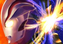  1boy absurdres alien artist_name chicoccma_ill circle_formation colored_skin commentary compound_eyes dorsal_fin from_side giant giant_male glowing glowing_eyes glowing_hand hand_focus highres knight_brace light_particles light_rays looking_to_the_side male_focus mebius_brace multicolored_skin no_pupils orange_background portrait red_skin signature silver_skin simple_background spine tokusatsu two-tone_skin ultra_series ultraman_mebius ultraman_mebius_(series) white_eyes 