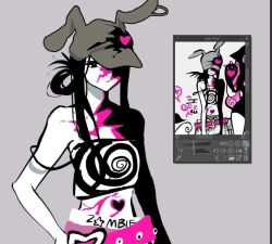  1girl alien_stage animal_ear_headwear animal_ears bare_shoulders belt black_eyes black_hair camisole commentary_request crop_top grey_background grey_hat hafu555 hair_rings hand_on_own_hip hat official_alternate_costume pink_belt rabbit_ear_headwear rabbit_ears reference_inset russian_commentary sidelocks solo spiral_print strap_slip sua_(alien_stage) sua_(zombie_stage) white_camisole zombie_stage 