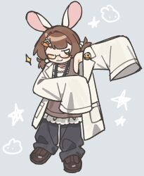  1girl animal_ears armpits blue_pants blush brown_dress brown_eyes brown_hair brown_shoes carrot_hair_ornament dot_nose dress food-themed_hair_ornament full_body glasses hair_ornament highres indie_virtual_youtuber lab_coat low_twintails mishapyon_(vtuber) one_eye_closed pants pants_under_dress rabbit_ears rabbit_girl second-party_source shoes short_twintails sleeves_past_fingers sleeves_past_wrists solo sparkle star_(symbol) twintails umiko_zzz x_hair_ornament 