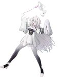  1girl absurdres ahoge bandage_over_one_eye black_pantyhose commentary_request detached_sleeves dress full_body gradient_legwear grey_dress grey_hair grey_pantyhose hair_between_eyes highres ideal intravenous_drip long_hair no.21:_xxi_(punishing:_gray_raven) no.21_(punishing:_gray_raven) open_mouth pale_skin pantyhose pill pill_bottle punishing:_gray_raven sidelocks sleeves_past_fingers sleeves_past_wrists solo unkempt very_long_hair violet_eyes white_background 