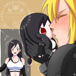  1boy 1girl ^^^ armor bare_shoulders black_gloves black_hair blonde_hair blush breasts character_doll closed_eyes cloud_strife collarbone commentary_request crop_top doll earrings elbow_gloves final_fantasy final_fantasy_vii final_fantasy_vii_remake full-face_blush gloves hetero highres holding holding_doll imminent_kiss jewelry large_breasts long_hair looking_at_another midriff motion_lines navel nervous_sweating open_mouth opening_door profile puckered_lips shikiwo shoulder_armor surprised sweat tank_top tifa_lockhart trembling upper_body walk-in white_tank_top 