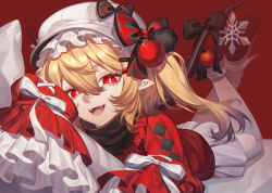  1girl :d absurdres alternate_costume apple black_bow black_scarf blonde_hair bow bright_pupils dress erchongbaojun fangs feet_up flandre_scarlet food frilled_sleeves frills fruit full_body hair_between_eyes hair_ornament hat hat_bow high_heels highres hugging_object long_hair long_sleeves looking_at_viewer lying mob_cap on_stomach one_side_up open_mouth pantyhose pillow pillow_hug pointy_ears red_background red_dress red_eyes red_sweater scarf shoes simple_background skirt sleeves_past_fingers sleeves_past_wrists slit_pupils smile socks solo sweater teeth the_pose touhou white_bow white_hat white_pupils wings 