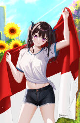  1girl absurdres black_hair blush butterfly_hair_ornament flower hair_ornament highres long_hair looking_at_viewer navel original shem_kako shirt short_shorts shorts standing stomach sunflower t-shirt twintails violet_eyes 