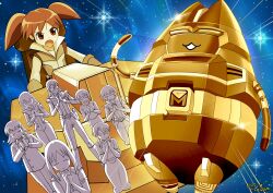  6+girls absurdres armlet azumanga_daioh belt brown_eyes brown_gloves brown_hair brown_jacket closed_eyes closed_mouth commentary_request commission cosplay crossover dated emphasis_lines glasses glint gloves godmars highres interlocked_fingers jacket jewelry kagura_(azumanga_daioh) kaori_(azumanga_daioh) kasuga_ayumu kurosawa_minamo long_hair mecha mihama_chiyo mihama_chiyo's_father misogram mizuhara_koyomi multiple_girls myojin_takeru myojin_takeru_(cosplay) open_mouth own_hands_clasped own_hands_together pants redesign robot rokushin_gattai_godmars roze_(godmars) roze_(godmars)_(cosplay) sakaki_(azumanga_daioh) shirt short_hair signature skeb_commission skirt sleeveless sleeveless_shirt spoilers standing takino_tomo v-shaped_eyebrows 