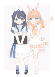  2girls absurdres aqua_eyes black_choker black_shoes blue_eyes blue_hair blue_ribbon blue_shrug choker clipboard commentary_request dress full_body grey_socks hair_ribbon hasu_no_sora_yumekawa_fashion hat heart heart_o-ring heart_ring_choker highres hinoshita_kaho holding holding_clipboard houndstooth looking_at_viewer love_live! love_live!_hasu_no_sora_jogakuin_school_idol_club mary_janes medium_dress medium_hair multiple_girls murano_sayaka nurse_cap o-ring o-ring_choker orange_dress ribbon shoes short_dress shrug_(clothing) simple_background socks umi_(nana_spring) virtual_youtuber white_background white_dress white_hat white_shoes 