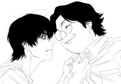  2boys angry antenna_hair bags_under_eyes clothes_grab collar_grab collared_shirt eye_contact fat fat_man genshiken greyscale haraguchi_(genshiken) highres kano_kino looking_at_another male_focus monochrome multiple_boys neckwear_grab oc_x_canon original round_eyewear shirt short_hair simple_background suwa_machi_(kano_kino) white_background 