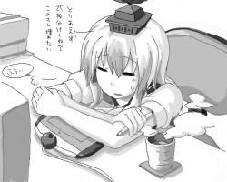  1girl bad_drawr_id bad_id cable chair closed_eyes coaster crossed_arms cup drawing_tablet greyscale hat holding holding_stylus kamishirasawa_keine long_hair monitor monochrome on_chair parted_lips pome_(darkflowne) puff_of_air puffy_short_sleeves puffy_sleeves short_sleeves sitting solo speech_bubble steam steaming_cup stylus sweatdrop swivel_chair touhou translation_request 