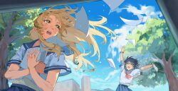  2girls absurdres black_hair black_headband blonde_hair blue_sailor_collar bracelet headband heart-shift_bracelets highres impasto jewelry jiguang_haibao koishikawa_iko long_hair momijiyama_teru multiple_girls neckerchief open_mouth paper pleated_skirt red_neckerchief sailor_collar scar scar_across_eyebrow scar_on_face school_uniform semi-rimless_eyewear serafuku shirt short_hair short_sleeves shy_(series) skirt teeth tongue tree upper_teeth_only white_shirt yellow_eyes 