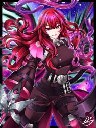  1girl belt black_border black_gloves border breasts buttons cowboy_shot double-breasted duel_monster dyuo exosister_karmael exosister_martha gloves highres holding holding_sword holding_weapon jacket long_hair looking_at_viewer military_jacket outside_border pants red_eyes red_hair sidelocks sky smile solo star_(sky) starry_sky sword weapon yu-gi-oh! 