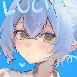 1girl animal_ears blue_background blue_hair blush character_name close-up closed_mouth commentary goat_ears goat_girl hair_between_eyes highres looking_at_viewer lucia_elowen pointy_ears portrait short_hair simple_background sinposaru solo untranslatable_commentary yellow_eyes zenless_zone_zero 