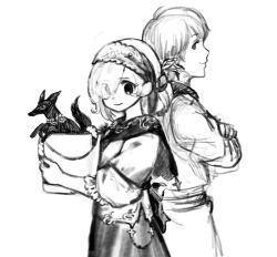  1boy 1girl back-to-back bucket capelet closed_mouth commentary_request cowboy_shot crossed_arms dog dress eyes_visible_through_hair frilled_sleeves frills greyscale hair_over_one_eye hairband hands_up highres holding holding_bucket jun_(navigavi) monochrome one_eye_covered original profile puffy_short_sleeves puffy_sleeves shirt short_hair short_sleeves simple_background sketch smile very_short_hair white_background 