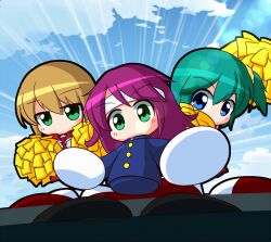  3girls arm_up asouuuu black_shoes blonde_hair blue_eyes commentary_request gakuran gloves green_eyes green_hair hair_ornament hair_scrunchie headband holding holding_pom_poms jikkyou_powerful_pro_yakyuu jikkyou_powerful_pro_yakyuu_(style) kawata_yurari long_hair looking_at_viewer multicolored_shoes multiple_girls nanashima_asami no_mouth pants pom_pom_(cheerleading) power_pro-kun_pocket power_pro-kun_pocket_13 purple_hair rayman_limbs red_sailor_collar red_shoes sailor_collar school_uniform scrunchie shirt shoes short_hair two-tone_shoes white_gloves white_headband white_shirt white_shoes yasaka_tooru yellow_scrunchie 