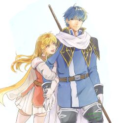  1boy 1girl :d arm_hug blonde_hair blue_eyes blue_hair cape commentary_request earrings finn_(fire_emblem) fire_emblem fire_emblem:_genealogy_of_the_holy_war highres holding holding_polearm holding_weapon jewelry lachesis_(fire_emblem) long_hair looking_at_another looking_back open_mouth polearm skirt smile sudadadachi thigh-highs thighs weapon white_background white_skirt white_thighhighs yellow_cape yellow_eyes 