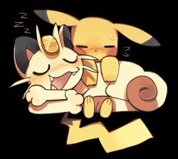  absurdres black_background brown_fur closed_eyes edengelical fangs highres meowth no_humans open_mouth pikachu pokemon pokemon_(creature) simple_background sleeping tail two-tone_fur yellow_fur zzz 