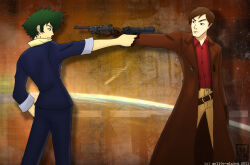  2boys aiming artist_name blue_pants blue_suit brown_coat brown_hair coat cowboy_bebop crossover firefly_(tv_series) green_hair gun holding holding_gun holding_weapon long_coat malcolm_reynolds mell0w-m1nded multiple_boys pants red_shirt shirt spike_spiegel suit weapon yellow_shirt 