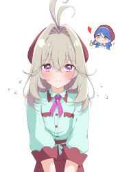  2girls absurdres alternate_costume antenna_hair apron beret blue_hair blue_ribbon blue_shirt blush braid breast_pocket brown_apron brown_hat brown_trim butterfly_hair_ornament buttons chibi chibi_inset closed_mouth collared_shirt commentary_request cosplay cross_tie daifuku_momiji dot_nose embarrassed flipped_bangs flying_sweatdrops grey_hair hair_between_eyes hair_intakes hair_ornament hat heart highres howa_kurea howa_kurea_(civilian) howa_kurea_(cosplay) looking_at_viewer matching_outfits medium_hair meitantei_precure! moria_luluka moria_luluka_(civilian) multiple_girls partial_commentary patissier pink_cross_tie pocket precure reaction_inset ribbon shirt simple_background single_braided_sidelock solo_focus split_mouth straight-on swept_bangs three-quarter_sleeves thumbs_up upper_body violet_eyes waist_apron white_background wing_collar yellow_eyes 