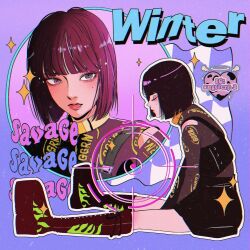  1girl aespa artist_name artist_name_(singer) black_eyeshadow black_hair black_skirt bob_cut boots closed_eyes commentary eyeshadow full_body highres long_sleeves makeup mole multiple_views profile sitting skirt song_name winter_(aespa) yulia_(angelcry.3) 