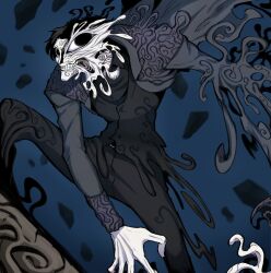  1boy absurdres archmage_curriculum_(webtoon) black_eyes black_hair business_suit commentary_request empty_eyes eugene_(archmage_curriculum) falling_rock gwaeji highres korean_commentary looking_at_viewer monster pale_skin smile solo solo_focus spread_legs standing suit teeth tentacles transformation 