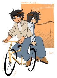  2boys bicycle black_hair brown_shoes closed_mouth collared_shirt english_text false_memory grass guan_chao_(false_memory) he_mingshuo highres jacket long_sleeves looking_at_another male_focus multiple_boys on_bicycle pants power_lines riding riding_bicycle shirt shoes smile teocrsh utility_pole white_shirt 