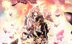  1girl absurdres alternate_costume black_kimono blue_butterfly bow brown_hair bug butterfly closed_mouth commentary_request emloste fan_print flower frilled_bow frilled_hair_tubes frills green_butterfly hair_bow hair_flower hair_ornament hair_tubes hakurei_reimu highres japanese_clothes kimono long_hair long_sleeves looking_at_viewer multicolored_kimono pink_flower print_kimono purple_butterfly red_bow red_eyes smile solo touhou white_kimono wide_sleeves 