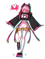  1girl ahoge alternate_costume animal_ears astronaut bodysuit bodysuit_under_clothes briar_(league) cat_ears colored_sclera grey_hair hair_between_eyes heart helmet highres league_of_legends long_sleeves multicolored_hair no_pupils open_mouth parvus_daemonh pink_bodysuit pink_hair pink_sclera platform_sandals pouch red_sclera sandals skin_tight smile solo space_helmet spacesuit spoken_heart thigh_pouch vampire white_eyes 